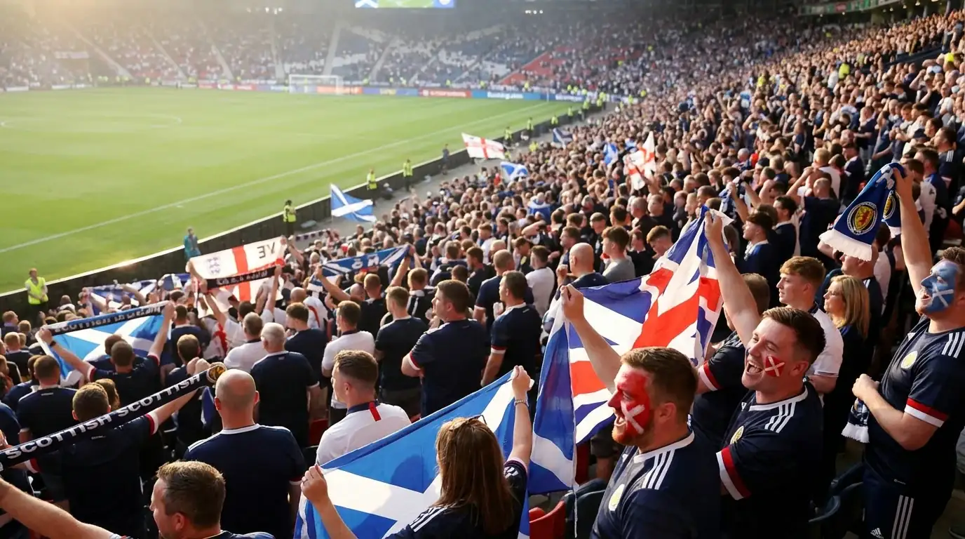 Lucht leanúna sacair le geansaithe gorma agus bána ag ceiliúradh i staidiam le bratacha