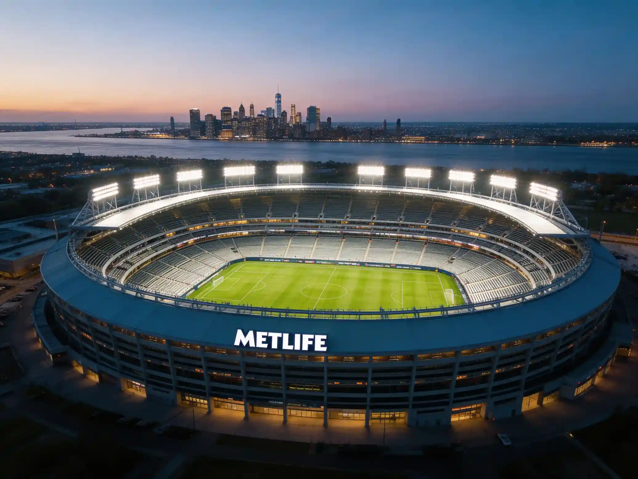 MetLife Stadium in East Rutherford, Nua-Shéarsa — staidiam na craobhchluiche deiridh ag Corn an Domhain 2026