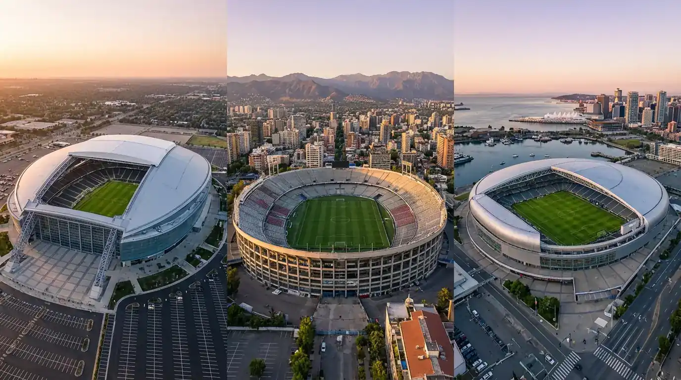 Léarscáil de na 16 staidiam ag Corn an Domhain 2026 sna SAM, Meicsiceo agus Ceanada