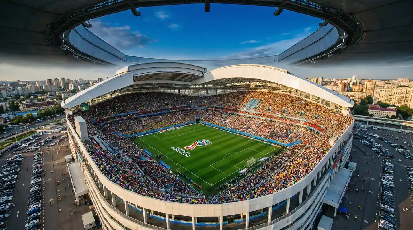 Staidiam sacair ollmhór le páirc ghlas agus slua ag líonadh na suíochán roimh chluiche idirnáisiúnta